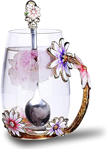 Biigming Enamel Glas Kaffeetassen Teetasse mit Schmetterling Blumen mit Schöne Stahllöffel. Personalisierte Geschenke für Mama y Freundin zum Geburtstag Weihnachtsgeschenke (Daisy-350ml) von Biigming