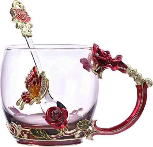 Biigming Enamel Glas Kaffeetassen Teetasse mit Schmetterling Blumen mit Schöne Stahllöffel. Personalisierte Geschenke für Mama y Freundin zum Geburtstag Weihnachtsgeschenke (Rote Rose-330ml) von Biigming