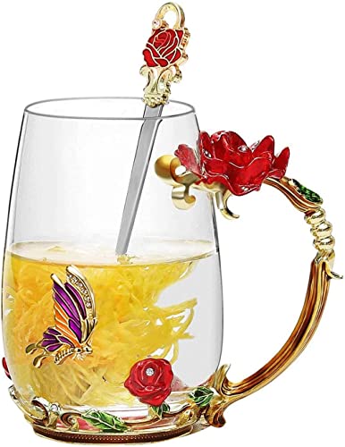 Biigming Enamel Glas Kaffeetassen Teetasse mit Schmetterling Blumen mit Schöne Stahllöffel. Geschenke für Mama y Freundin zum Geburtstag (Rote Rose-350ml) von Biigming