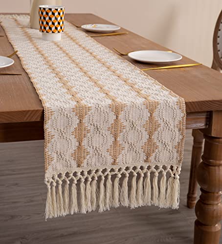 Rechteckig Tischläufer Spleißen Baumwolle mit Quaste Stickerei Einfach Klassisch Tischdecke für Landhausstil Hochzeit Geburtstag Festlich Heim Küche Kaffee Tisch Dekoration, (Khaki, 33 x 180 cm) von Biilyli