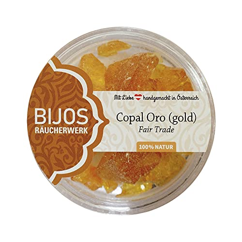 Bijos Copal ORO (Gold) 50ml - Fair Trade Räucherwerk, fördert Konzentration und eignet sich für Zeremonien, 1 Set, 1 Stück, 1 Glas von Bijos