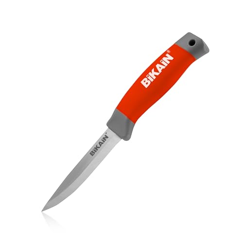 Bikain Mehrzweck-Montagemesser 21cm - 10cm Klinge aus rostfreiem Stahl - Gummierter Griff - Inklusive roter Lederscheide - Ideal für die Gartenarbeit von Bikain