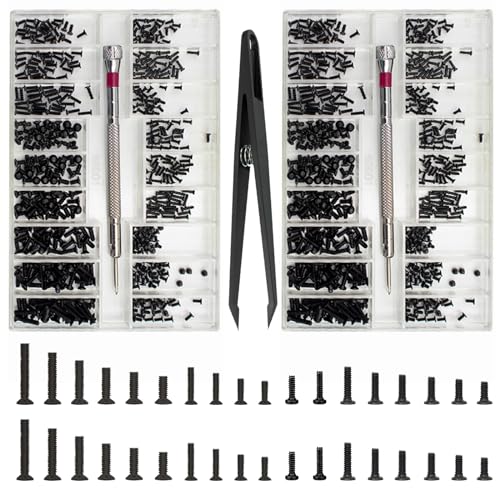 1000 Stück Kleine Schrauben Sortiment Kit, M1.2 M1.4 M2 Winzige Mikroschrauben Set, Uhrenbrille Computer Ersatzschrauben, Winzige Reparaturschrauben Set mit Schraubendreher Pinzette, Schwarz von Bikasun