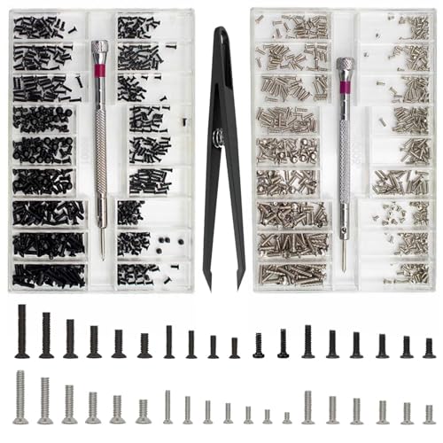1000 Stück Kleine Schrauben Sortiment Kit, M1.2 M1.4 M2 Winzige Mikroschrauben Set, Uhrenbrille Computer Ersatzschrauben, Winzige Reparaturschrauben Set mit Schraubendreher Pinzette, Silber Schwarz von Bikasun