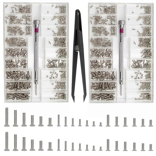 1000 Stück Kleine Schrauben Sortiment Kit, M1.2 M1.4 M2 Winzige Mikroschrauben Set, Uhrenbrille Computer Ersatzschrauben, Winzige Reparaturschrauben Set mit Schraubendreher Pinzette, Silber von Bikasun