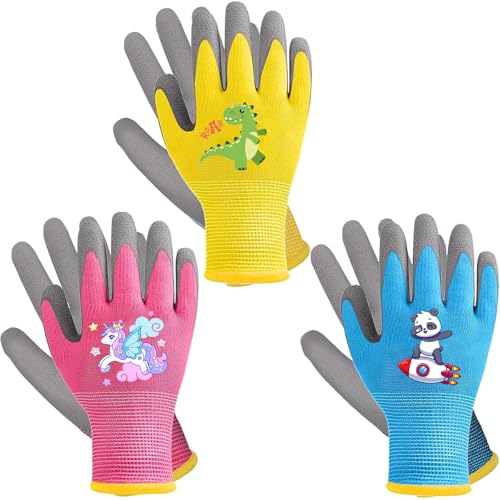 Bikasun 3 Paar Gartenhandschuhe Kinder, Cartoon Unicorn Dinosaurier Panda Arbeitshandschuhe mit Handflächenbeschichtung, rutschfeste Schutzhandschuhe für 4-7 Jahre Mädchen Jungen Gartenarbeit von Bikasun