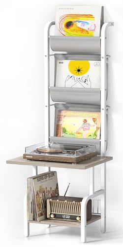 Plattenspieler Schallplatten Aufbewahrung PlattenspielerStänder Schallplattenspieler-Tisch mit Vinyl-Schallplatten-Aufbewahrung für bis zu 200 Alben Schallplatten Wandhalterung Vinyl Display Weiß von Bikoney