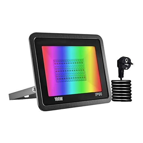 Bikuer RGB LED Strahler 100W Fluter Außen 16 million Farben und 20 Modi Smart Flutlichtstrahler, IP66 Außenstrahler Wasserdicht Flutlicht, Garten Stimmungslichter [Energieklasse E] von Bikuer