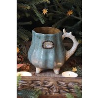 Handgefertigte Keramiktasse Mit Einer Schleiereule. Tasse Rehgeweih. Designer Kürbis 350 Ml. Herbst Vogel, Goldenen Blättern Und Sternen von BilberryForest