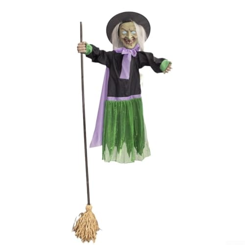 6FT Halloween Schwebende Hexe Requisite mit Ton und leuchtenden Augen, animierter Bewegungssensor Außendekoration für Spukhaus, Garten, Terrasse oder Rasen in Lila und Grün (Grün) von BildeeMait