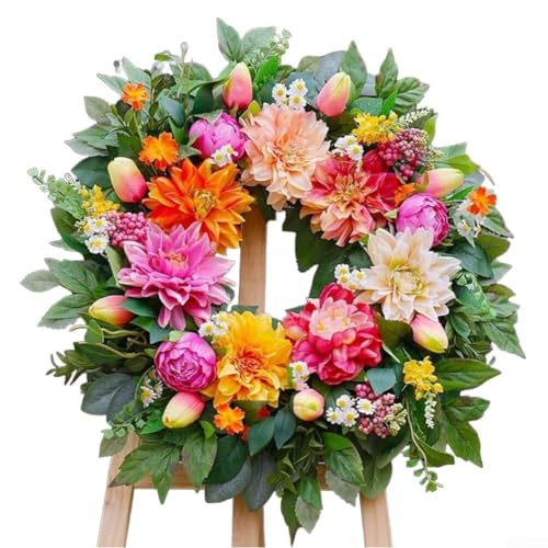 BildeeMait Bunter Dahlien- und Tulpengrünkranz für Haustür, wetterfest, künstliche Frühlingssommer-Blumengirlande, alle Jahreszeiten, für den Innen- und Außenbereich, dekoratives Aufhängen für BildeeMait Bunter Dahlien- und Tulpengrünkranz für Haustür, wetterfest, künstliche Frühlingssommer-Blumengirlande, alle Jahreszeiten, für den Innen- und Außenbereich, dekoratives Aufhängen für von BildeeMait