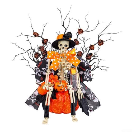 BildeeMait Gruseliges Halloween-Skelett-Kürbis-Ornament 35 cm mit Zweigen, orangefarbenen gepunkteten Schleifen und schwarzen Rosen für Tischdekoration oder saisonale Heimdekoration BildeeMait Gruseliges Halloween-Skelett-Kürbis-Ornament 35 cm mit Zweigen, orangefarbenen gepunkteten Schleifen und schwarzen Rosen für Tischdekoration oder saisonale Heimdekoration von BildeeMait