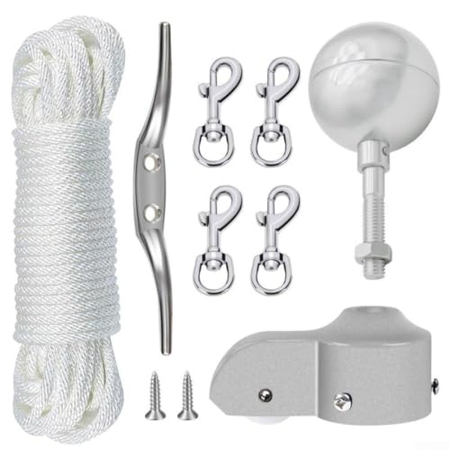 BildeeMait Komplettes Fahnenmast-Zubehör-Set mit Aluminium-Kugeloberseite, Nylon-Riemenscheibe, Zinkklampe, Drehhaken, Seil für Outdoor-Garten-Fahnenmast-Reparatur von BildeeMait