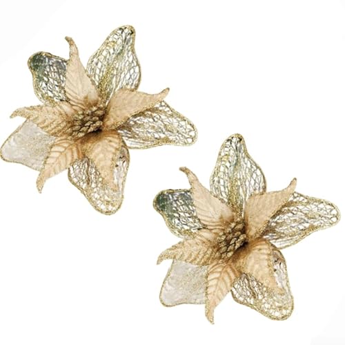 BildeeMait Künstliche Weihnachtsblumen, 23 cm, 2 Stück, glitzernde Stoffblumen, Urlaubsdekorationen für Baum, Hochzeit und Zuhause, saisonale festliche Display-Dekoration (Gold) von BildeeMait