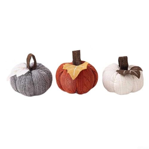 Herbsternte Häkeloptik Kürbis Dekorationen, Set mit 3 rustikalen orange-grau-weißen Polyester-Ornamenten für saisonale Heimdekoration für Thanksgiving, Halloween, Kamin, Kaminsims oder Tischdekoration von BildeeMait