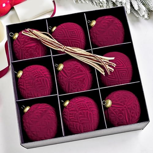 Samt-Weihnachtskugeln, 8 cm, beflockte Weihnachtsbaumkugeln, Ornamente, Kunststoff, Weihnachtsdekoration, hängende Ornamente, bruchsicher, dekorative Samtkugel-Ornamente (weinrot), 9 Stück von BildeeMait