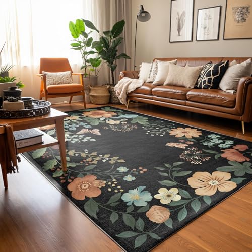 Bildenly Teppich mit Vintage-Blumenmuster, 15,2 x 22,9 cm, für Wohnzimmer, Schlafzimmer, Esszimmer, weich, waschbar, fusselfrei, Boho-inspirierter Teppich für Spielzimmer, Wohnheim, Schwarz Bildenly Teppich mit Vintage-Blumenmuster, 15,2 x 22,9 cm, für Wohnzimmer, Schlafzimmer, Esszimmer, weich, waschbar, fusselfrei, Boho-inspirierter Teppich für Spielzimmer, Wohnheim, Schwarz von Bildenly