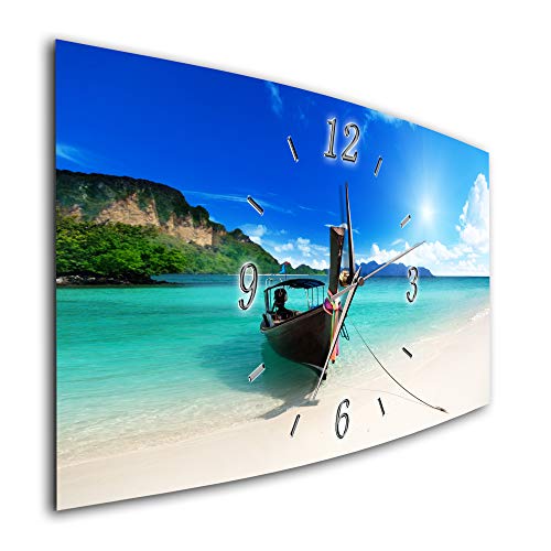 BM Funk Quarz Wanduhr Funkwanduhr Funkwanduhren Funkuhr Funkuhren kein Ticken lautlos geräuschlos leise modern ohne Tickgeräusche groÃŸ XXL Wohnzimmer Küche Palmen Meer Strand Boot 6853-1a von Bilder-Manufaktur