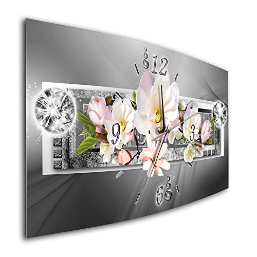 Bilder-Manufaktur BM Funk Quarz Wanduhr Funkwanduhr Funkwanduhren Funkuhr Funkuhren kein Ticken lautlos geräuschlos leise modern ohne Tickgeräusche groÃŸ XXL Wohnzimmer Küche Magnolien Blumen 7934-4a von Bilder-Manufaktur