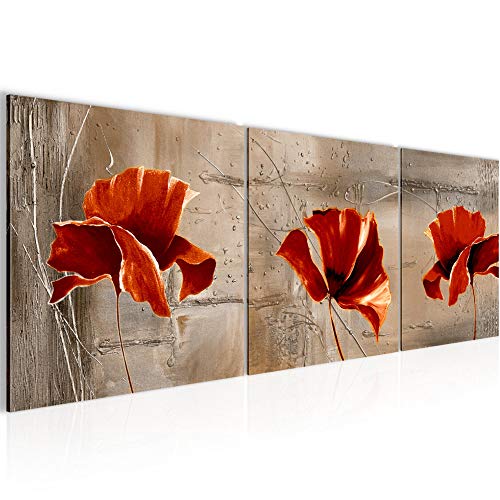 Runa Art - Bilder Blumen Mohnblumen 120 x 40 cm 3 Teilig Wandbild auf Vlies Leinwand Rot Beige Mehrteilig Modern 201133b von Runa Art