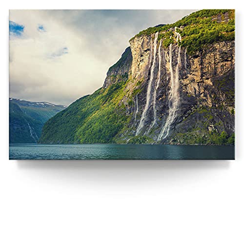 BilderKing Wunderschönes Leinwand-Bild 120x80cm, Wasserfall Norwegen im querformat als XXL Wandbild zur Dekoration. EIN stilvolles & Zeitloses Landschaftsbild für alle Zimmer. Fertig aufgespannt von BilderKing