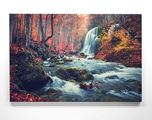 Wunderschönes Leinwandbild Wald Panorama 150x50cm – Ein einzigartiges Foto - Wasserfall im Herbst – als Wandbild. Eine schöne Wanddeko für Wohnzimmer & Schlafzimmer. Aufgespannt auf Holzrahmen von BilderKing