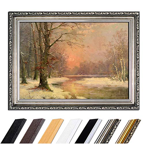 Bild mit Rahmen - Adolf Kaufmann Sonnenuntergang in Winterlandschaft 110x85 cm - Gerahmtes Leinwandbild Alte Meister - Antiker Rahmen Silber Barock, Klassisch von Bilderdepot24