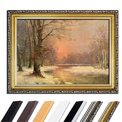 Bild mit Rahmen - Adolf Kaufmann Sonnenuntergang in Winterlandschaft 90x70 cm - Gerahmtes Leinwandbild Alte Meister - Antiker Rahmen Gold Barock, Klassisch von Bilderdepot24