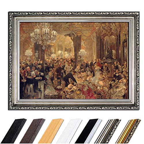 Bild mit Rahmen - Adolph von Menzel Das Ballsouper 80x60 cm - Gerahmtes Leinwandbild Alte Meister - Antiker Rahmen Silber Barock, Klassisch von Bilderdepot24