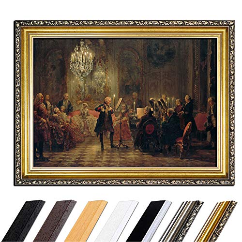 Bild mit Rahmen - Adolph von Menzel Flötenkonzert Friedrichs des Großen in Sanssouci 80x60 cm - Gerahmtes Leinwandbild Alte Meister - Antiker Rahmen Gold Barock, Klassisch von Bilderdepot24