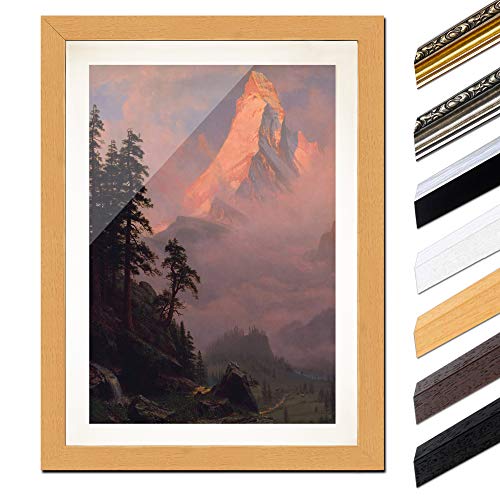 Bild mit Rahmen - Albert Bierstadt Sunrise on the Matterhorn 20x30 cm ca. A4 - Gerahmter Kunstdruck inkl. Galerie Passepartout Alte Meister - Rahmen buche von Bilderdepot24