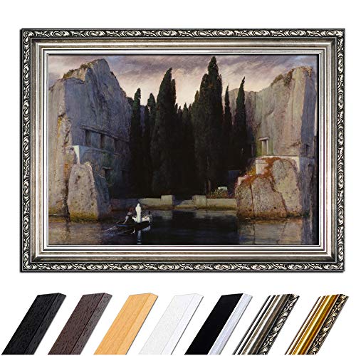 Bild mit Rahmen - Arnold Böcklin Die Toteninsel 80x60 cm - Gerahmtes Leinwandbild Alte Meister - Antiker Rahmen Silber Barock, Klassisch von Bilderdepot24