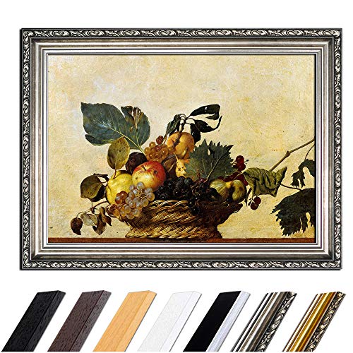 Bild mit Rahmen - Caravaggio Früchtekorb 50x40 cm - Gerahmtes Leinwandbild Alte Meister - Antiker Rahmen Silber Barock, Klassisch von Bilderdepot24