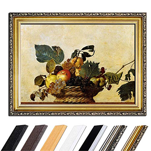 Bild mit Rahmen - Caravaggio Früchtekorb 90x70 cm - Gerahmtes Leinwandbild Alte Meister - Antiker Rahmen Gold Barock, Klassisch von Bilderdepot24