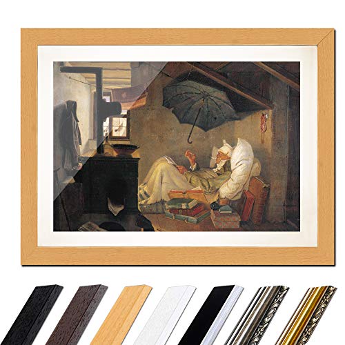 Bild mit Rahmen - Carl Spitzweg Der arme Poet 60x40 cm ca. A2 - Gerahmter Kunstdruck inkl. Galerie Passepartout Alte Meister - Rahmen buche von Bilderdepot24