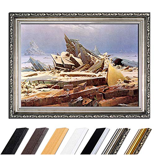 Bild mit Rahmen - Caspar David Friedrich Das Eismeer 50x40 cm - Gerahmtes Leinwandbild Alte Meister - Antiker Rahmen Silber Barock, Klassisch von Bilderdepot24