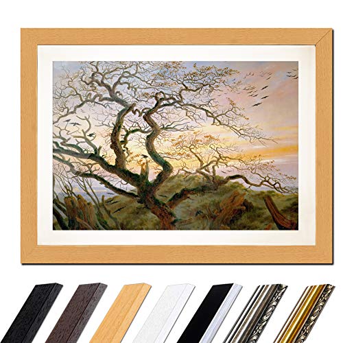 Bild mit Rahmen - Caspar David Friedrich Der Baum der Krähen 80x60 cm ca. A1 - Gerahmter Kunstdruck inkl. Galerie Passepartout Alte Meister - Rahmen buche von Bilderdepot24