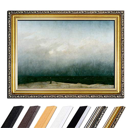 Bild mit Rahmen - Caspar David Friedrich Der Mönch am Meer 110x85 cm - Gerahmtes Leinwandbild Alte Meister - Antiker Rahmen Gold Barock, Klassisch von Bilderdepot24