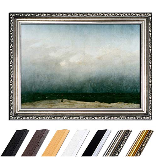 Bild mit Rahmen - Caspar David Friedrich Der Mönch am Meer 50x40 cm - Gerahmtes Leinwandbild Alte Meister - Antiker Rahmen Silber Barock, Klassisch von Bilderdepot24