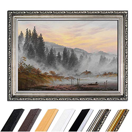 Bild mit Rahmen - Caspar David Friedrich Der Morgen 50x40 cm - Gerahmtes Leinwandbild Alte Meister - Antiker Rahmen Silber Barock, Klassisch von Bilderdepot24