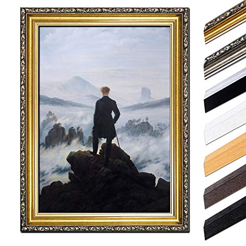 Bild mit Rahmen - Caspar David Friedrich Der Wanderer über dem Nebelmeer 40x50 cm - Gerahmtes Leinwandbild Alte Meister - Antiker Rahmen Gold Barock, Klassisch von Bilderdepot24