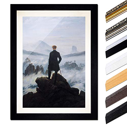 Bild mit Rahmen - Caspar David Friedrich Der Wanderer über dem Nebelmeer 60x80 cm ca. A1 - Gerahmter Kunstdruck inkl. Galerie Passepartout Alte Meister - Rahmen schwarz von Bilderdepot24