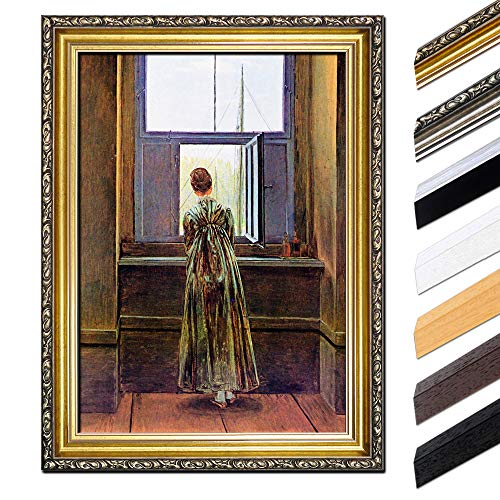 Bild mit Rahmen - Caspar David Friedrich Frau am Fenster 60x80 cm - Gerahmtes Leinwandbild Alte Meister - Antiker Rahmen Gold Barock, Klassisch von Bilderdepot24