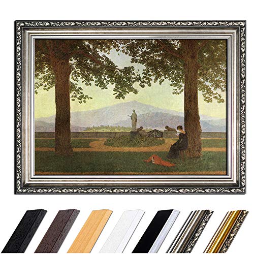 Bild mit Rahmen - Caspar David Friedrich Gartenterasse 50x40 cm - Gerahmtes Leinwandbild Alte Meister - Antiker Rahmen Silber Barock, Klassisch von Bilderdepot24