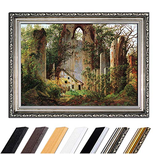 Bild mit Rahmen - Caspar David Friedrich Klosterruine Eldena 50x40 cm - Gerahmtes Leinwandbild Alte Meister - Antiker Rahmen Silber Barock, Klassisch von Bilderdepot24