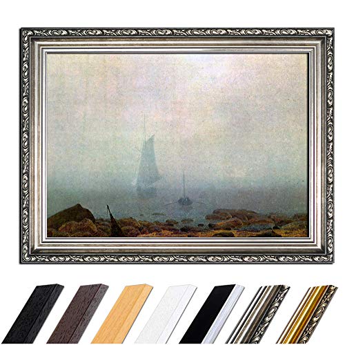 Bild mit Rahmen - Caspar David Friedrich Meeresstrand im Nebel 50x40 cm - Gerahmtes Leinwandbild Alte Meister - Antiker Rahmen Silber Barock, Klassisch von Bilderdepot24