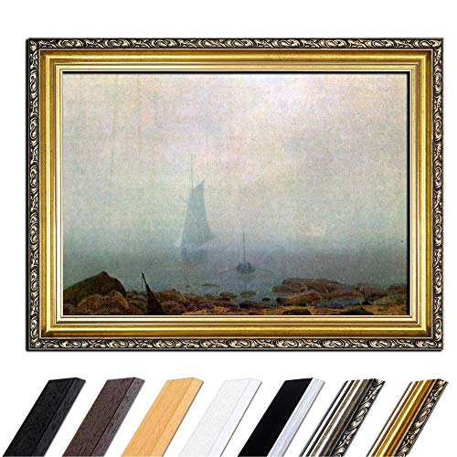 Bild mit Rahmen - Caspar David Friedrich Meeresstrand im Nebel 80x60 cm - Gerahmtes Leinwandbild Alte Meister - Antiker Rahmen Gold Barock, Klassisch von Bilderdepot24