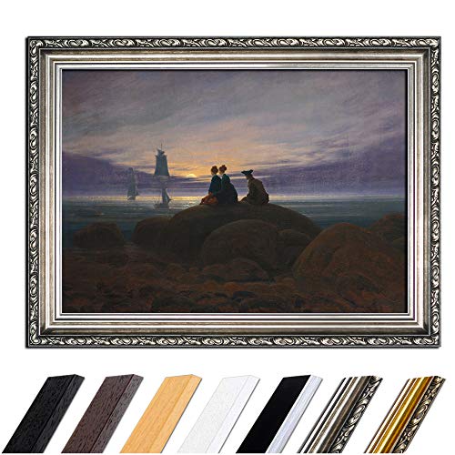 Bild mit Rahmen - Caspar David Friedrich Mondaufgang am Meer 50x40 cm - Gerahmtes Leinwandbild Alte Meister - Antiker Rahmen Silber Barock, Klassisch von Bilderdepot24