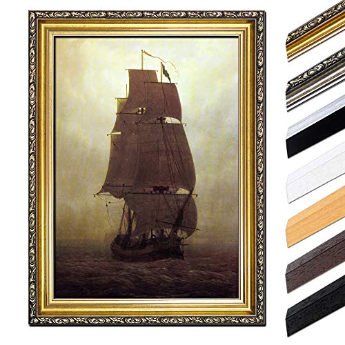 Bild mit Rahmen - Caspar David Friedrich Segelschiff 85x110 cm - Gerahmtes Leinwandbild Alte Meister - Antiker Rahmen Gold Barock, Klassisch von Bilderdepot24