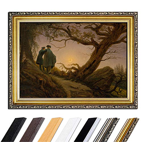 Bild mit Rahmen - Caspar David Friedrich Zwei Männer in Betrachtung des Mondes 50x40 cm - Gerahmtes Leinwandbild Alte Meister - Antiker Rahmen Gold Barock, Klassisch von Bilderdepot24